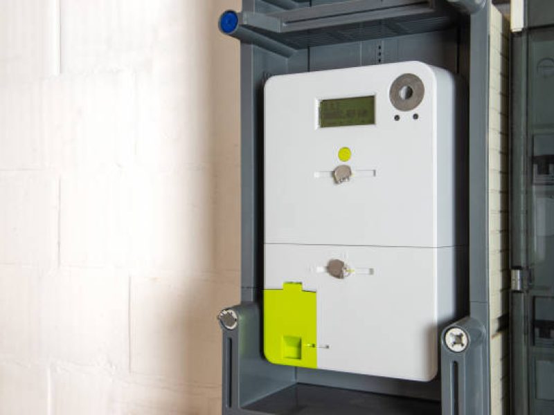Close-up of digital smart meter, a device for household meter readings, measurement of electricity consumption and injection of self-generated energy.