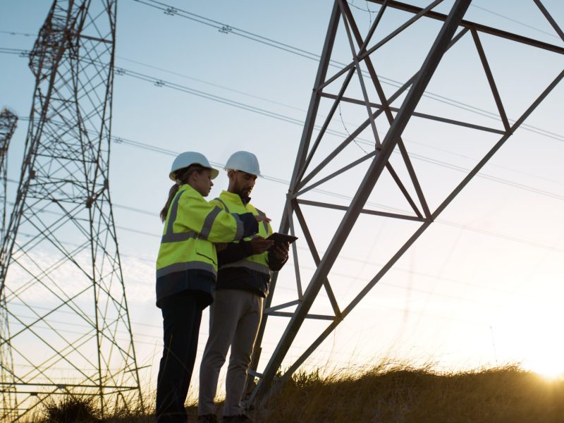 Teamwork, electrical engineer and tablet in power plant with inspection for electricity transmission or tower check. Engineering, collaboration or data transfer for energy distribution or maintenance
